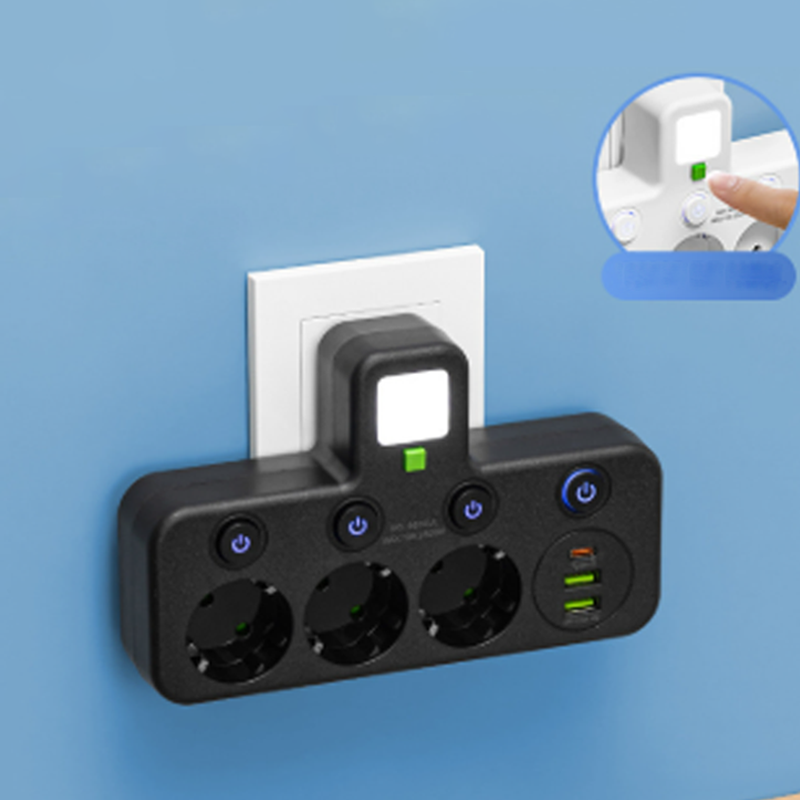 VirtaKoti – Kompakti jatkopistorasia USB-porteilla ja yövalolla