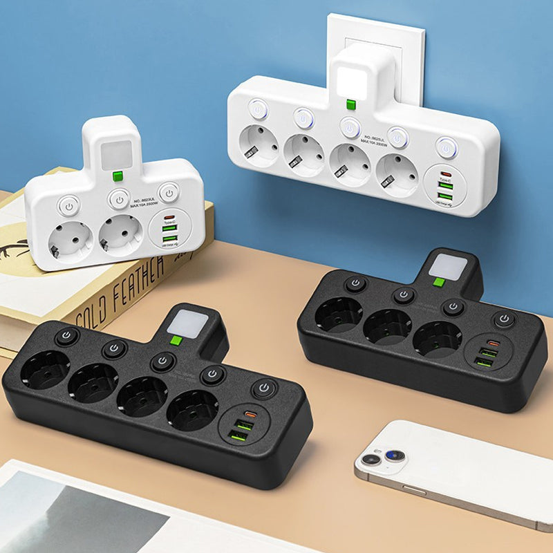 VirtaKoti – Kompakti jatkopistorasia USB-porteilla ja yövalolla