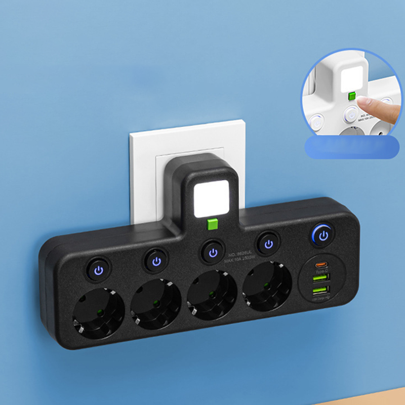 VirtaKoti – Kompakti jatkopistorasia USB-porteilla ja yövalolla
